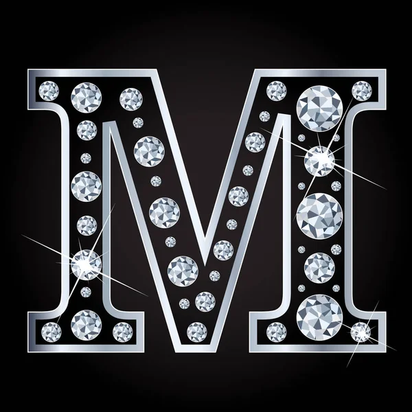 Vector M carta feita com diamantes isolados sobre fundo preto — Vetor de Stock