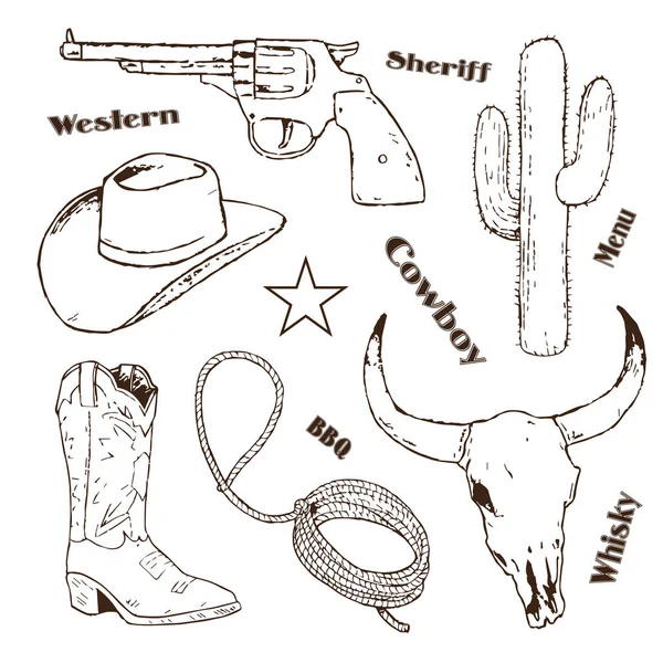 Hand getekend cowboy retro vintage elementen — Stockvector