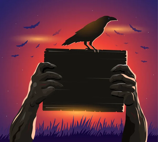 Haloween zombie hands holding a placard and crow — Stock Vector