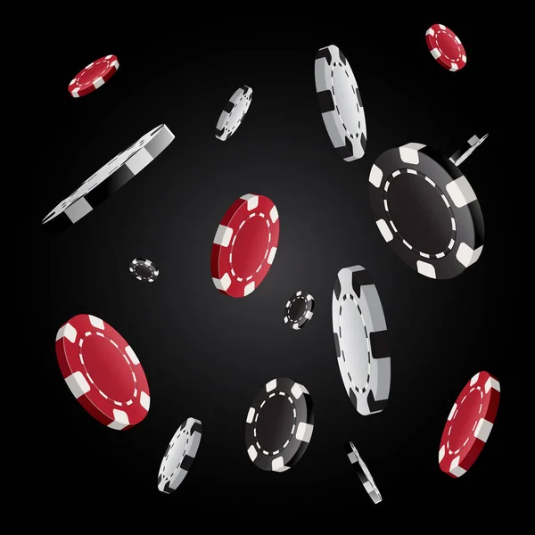 Vector casino fichas de poker voando e explodindo na frente de fundo preto — Vetor de Stock