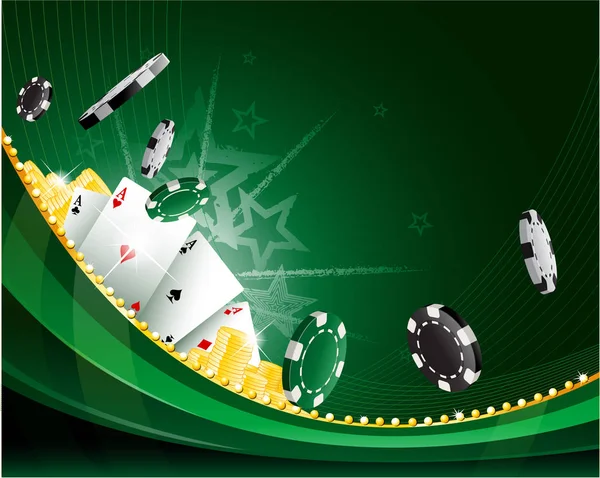 Grüne winkende abstrakte Vintage Casino Hintergrund mit Pokerchips und Freizeitspielkarten — Stockvektor