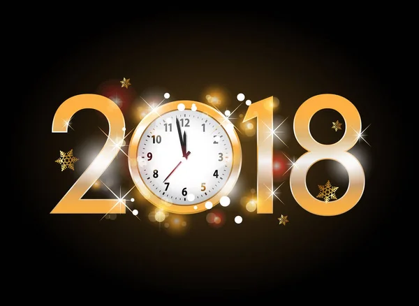 2018 νέο έτος χρυσά γράμματα με ρολόι σε μαύρο φόντο — Διανυσματικό Αρχείο
