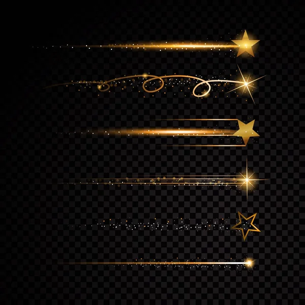 Gold glitzernde Spiralsternstaubspur funkelnde Partikel auf transparentem Hintergrund. Kometenschweif. Vektor Glamour Mode Illustration — Stockvektor