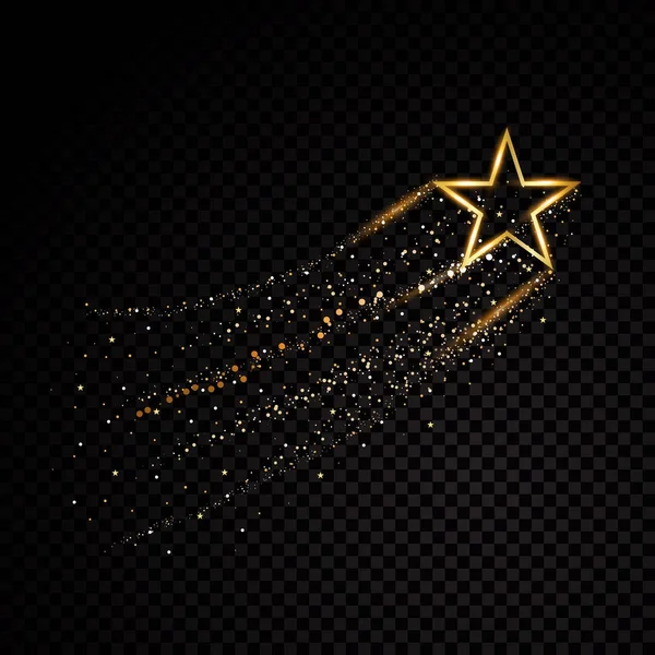 Gold glittering spiraal sterren stof trail fonkelende deeltjes op transparante achtergrond. Ruimte komeet staart. Vectorillustratie glamour mode — Stockvector