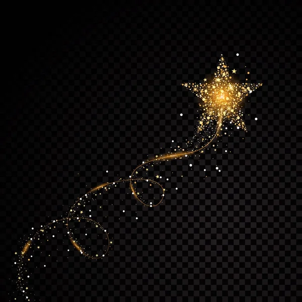 Χρυσό λαμπερό σπείρα αστέρι μονοπάτι αφρώδη σωματίδια σκόνης σε διαφανές φόντο. Χώρος ουρά του κομήτη. Vector Εικονογράφηση μόδας αίγλη — Διανυσματικό Αρχείο