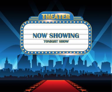 Altın parlak tiyatro parlayan retro sinema neon işareti ile şehir içinde geçmiş