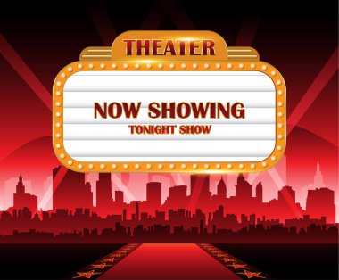 Altın parlak tiyatro parlayan retro sinema neon işareti ile şehir içinde geçmiş
