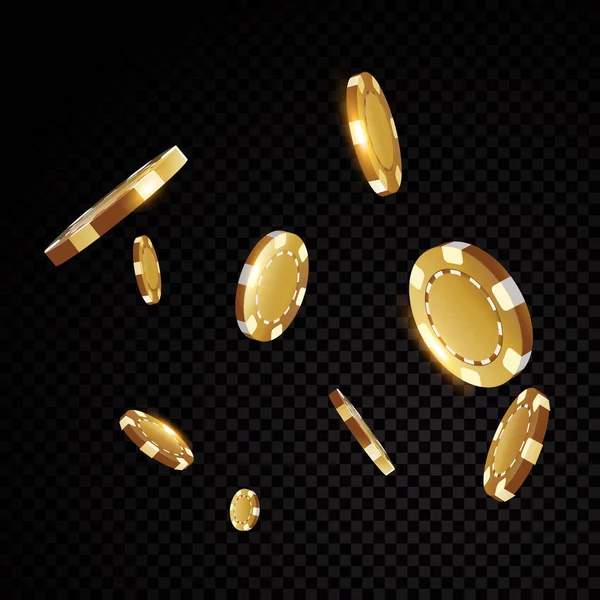 Gold casino poker chips volare davanti a sfondo nero — Vettoriale Stock