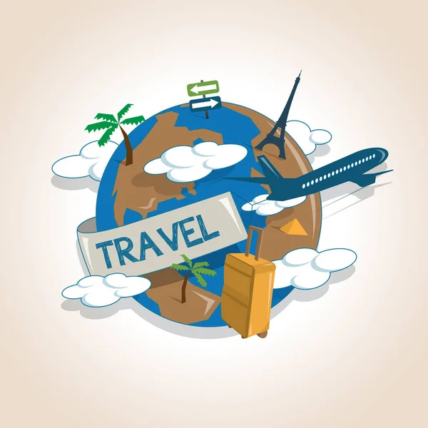 世界中を旅する飛行機、旅行のコンセプト — ストックベクタ