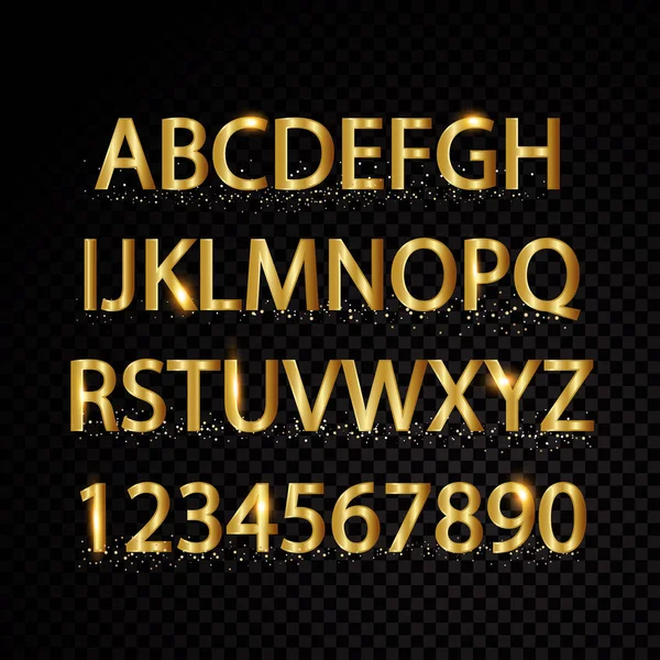 Gold vector alphabetical letters and numbers isolated on black background — Stock Vector