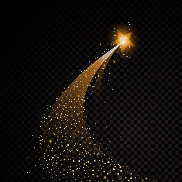 Золотий блискучий спіральний зірковий пиловий слід іскристих частинок на прозорому фоні. Хвіст космічної комети. Векторна гламурна ілюстрація моди — стоковий вектор