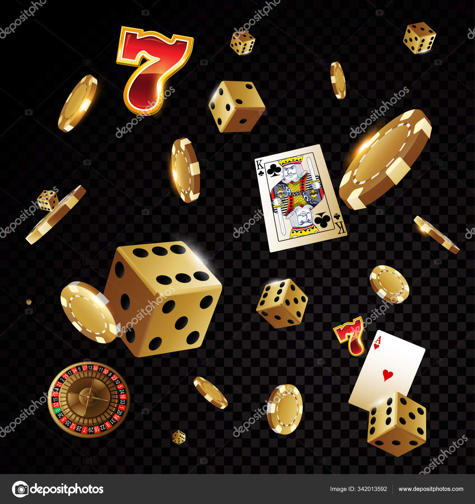 Gold casino poker chips and dices flying in front of background Stock Illustration ©hugolacasse