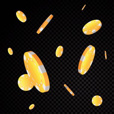 Altın kumarhane poker fişleri siyah şeffaflık arka planında izole düşüyor