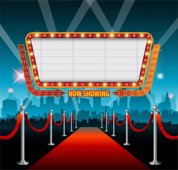 Vintage theater movie sign in front of cityscape — Stock Vector