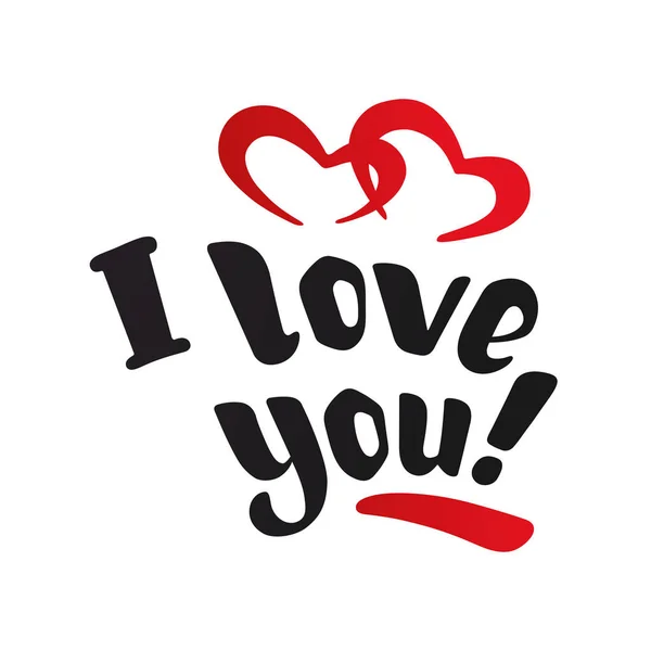 Eu amo-te. Bela inscrição desenhada à mão, texto com corações vermelhos . — Vetor de Stock