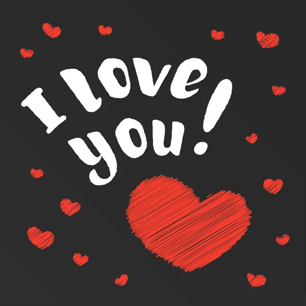 Eu amo-te. Bela inscrição desenhada à mão, texto com corações vermelhos . — Vetor de Stock