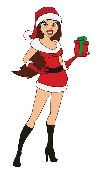 Sexy Chica Santa Con Una Caja Regalo Tarjeta Felicitación Plantilla — Vector de stock