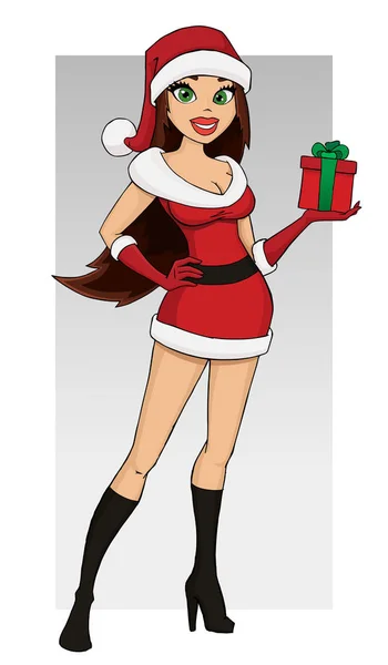 Menina Sexy Papai Noel Com Uma Caixa Presente Modelo Cartão — Vetor de Stock
