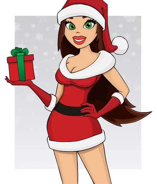 Sexy Fille Santa Avec Une Boîte Cadeau Modèle Carte Voeux — Image vectorielle
