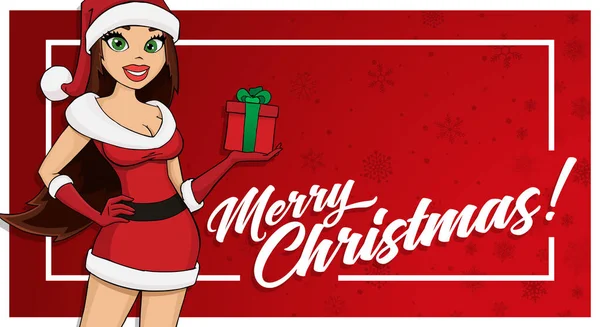 Sexy Fille Santa Avec Une Boîte Cadeau Modèle Carte Voeux — Image vectorielle