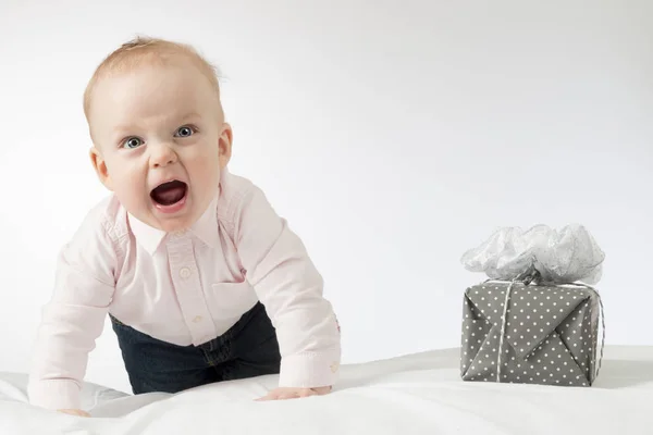 Skrikande krypande spädbarn baby tittar på kameran. Toddler kid med en gåva på det vita täcket. Horisontella stusio skjuten — Stockfoto