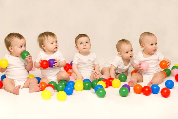 Пять милых детишек, сидящих среди разноцветных яиц. Партия новорожденных . — стоковое фото
