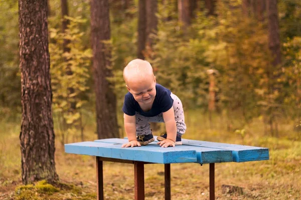 Roztomilý uculoval batole hraje na lavičce v parku podzimní nebo letní — Stock fotografie