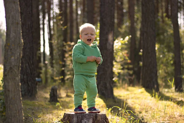 Милый мальчик плачет или поет в лесу или парке — стоковое фото