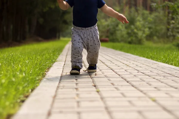 Первые самостоятельные шаги. Бег малыша в парке — стоковое фото