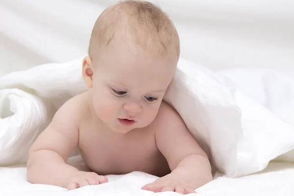 Lindo bebé en la cama bajo una manta esponjosa —  Fotos de Stock