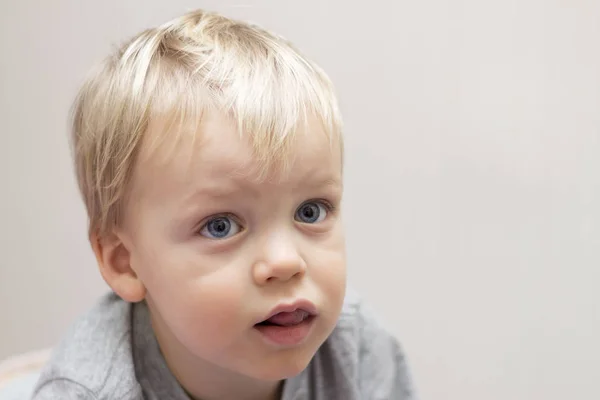 Thoughful big-eyed toddler looking away on grey background. Close-up. Copy space — Stock Photo, Image
