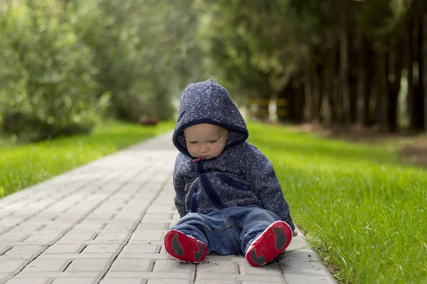 Portrait of cute toddler boy sitting on the ground in the park. Child walking outdoors. Lifestyle. — Stock Photo, Image
