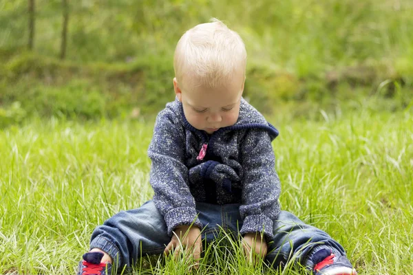 Милый очаровательный блондин, маленький ребенок сидит на лугу зеленой травы в летний день — стоковое фото