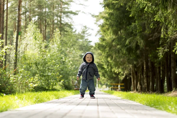 Счастливый улыбающийся годовалый мальчик на прогулке в солнечном летнем парке или лесу. Концепция первых шагов — стоковое фото