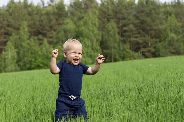 Geluk babyjongen zittend op het gras in veld — Stockfoto