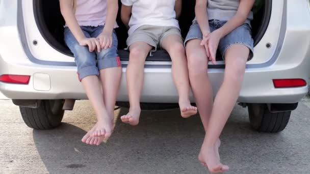 幸せな子供たちが車の中で一日中座っている 幸せな若者の概念 — ストック動画