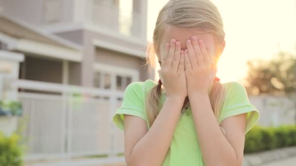 Portrait Happy Little Girl Standing House Day Time — Stock Video