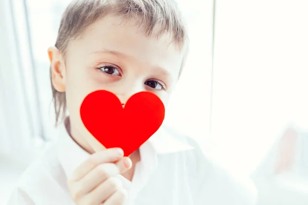 One Little Boy Standing Window Concept Happy Valentine Day — Stock Photo, Image