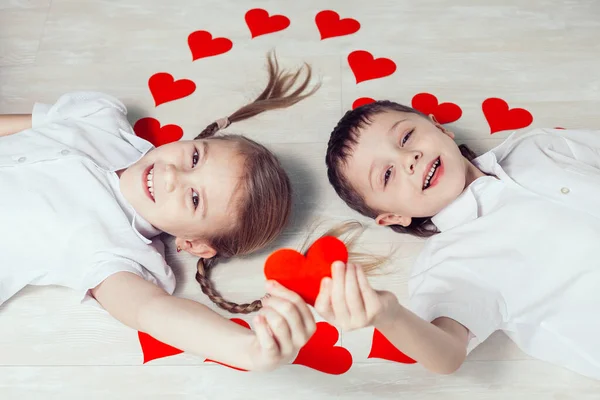 Little Boy Girl Lying Floor Concept Happy Valentine Day Brother — Stock Photo, Image