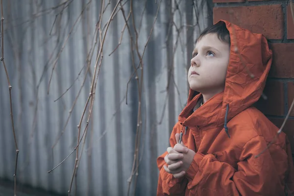 Portrait Sad Little Boy Outdoors Day Time Concept Dreary Spring — Stock Photo, Image