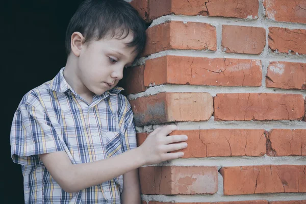 Portrait Sad Little Boy Outdoors Day Time Concept Sorrow — Stock Photo, Image