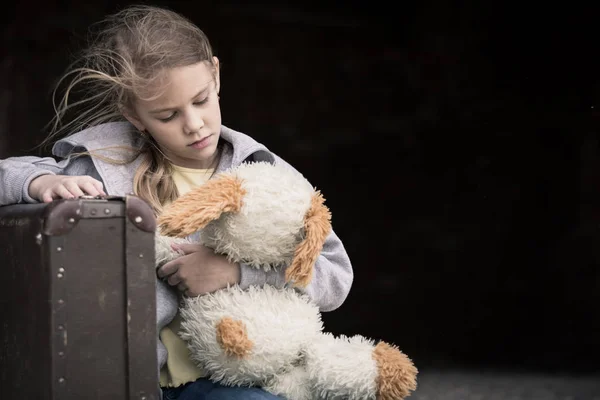 Portrait Young Sad Little Girl Sitting Suitcase Outdoors Day Time — Stock Photo, Image