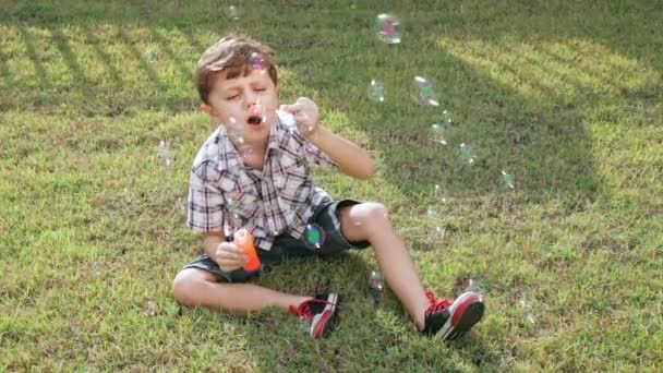Портрет Щасливий Маленький Хлопчик Сидить Парку День — стокове відео