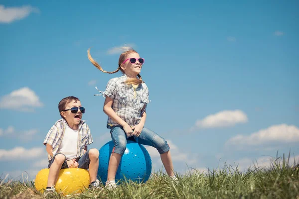 Bruder Und Schwester Spielen Tagsüber Auf Dem Feld Kinder Haben — Stockfoto