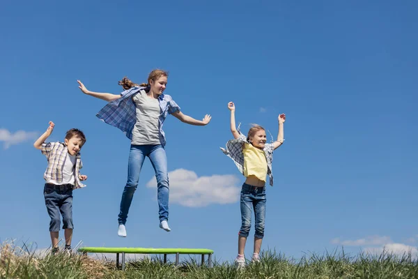 兄と妹の一日の時間で フィールドでプレーします は屋外の楽しい時を過します 彼らは芝生の上のトランポリンでジャンプ フレンドリーな家族の概念 — ストック写真