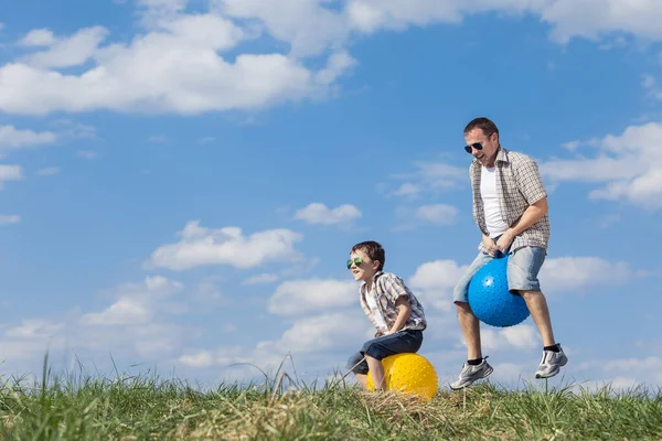 Pai Filho Brincando Campo Durante Dia Pessoas Divertir Livre Eles — Fotografia de Stock