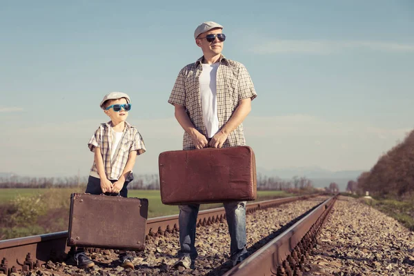 Father Son Walking Suitcases Railway Day Time People Having Fun — Stock Photo, Image