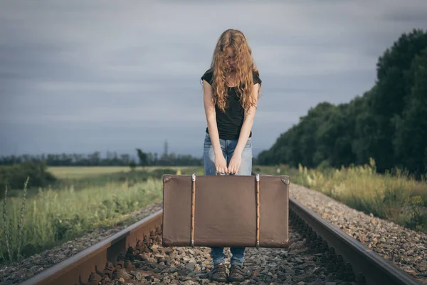 Portrait Young Sad Ten Girl Standing Suitcase Outdoors Railway Day — Stock Photo, Image