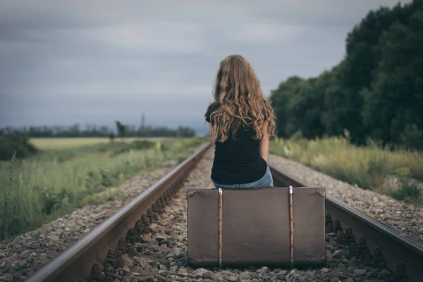 Portrait Young Sad Ten Girl Sitting Suitcase Outdoors Railway Day — Stock Photo, Image