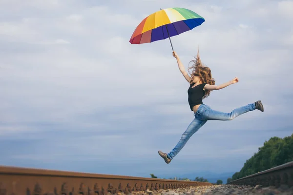 Teen Girl Umbrella Jumping Railway Day Time Concept Happiness — Stock Photo, Image